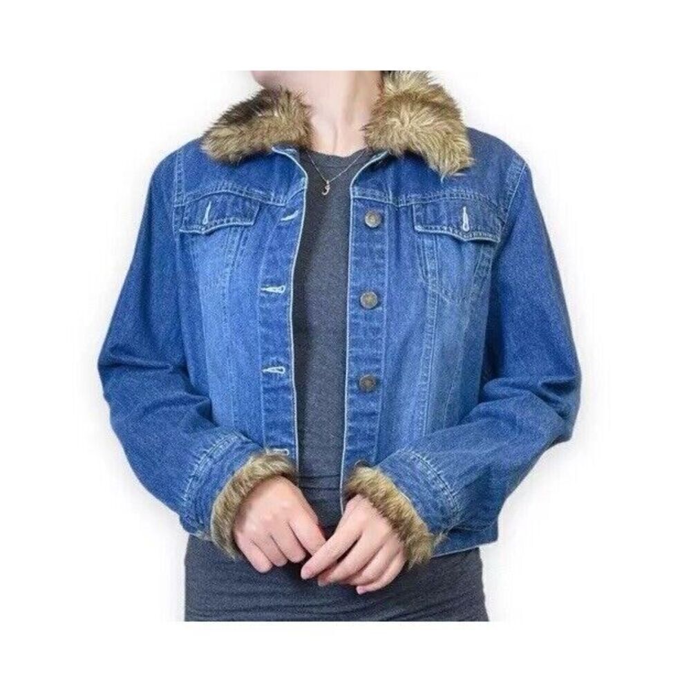 One Tuff Babe Denim Jacket Faux Fur Trim Blue Woman Size L Button Close - Picture 1 of 11
